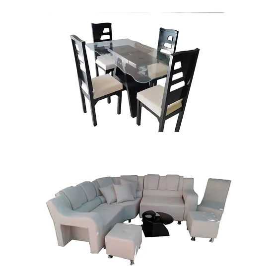 Combo De Sala Riñonera Y Comedor De 4 Puestos Mesa De Vidrio