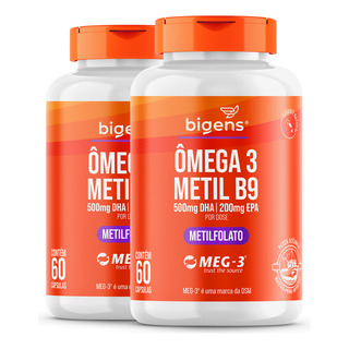 2x Ômega 3 + Metil B9 Epa/dha + B9 Meg-3® | 60 Cáps | Bigens Sabor Sem Sabor 2x Ômega 3 + Metil B9 Epa/dha + B9 Meg-3® | 60 Cáps | Bigens Sabor Sem Sabor