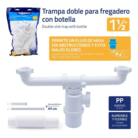 Sifon Colector Doble Fregadero Tipo Botella Griven