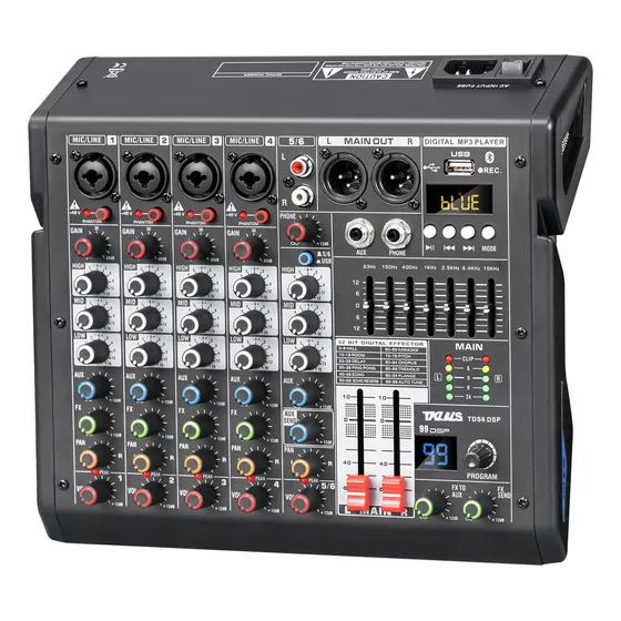 Mesa De Som Tklbls Tds6 48v 6 Canais Mixer 99 Efeitos Fx Usb Mp3 Equalizador 110-240v
