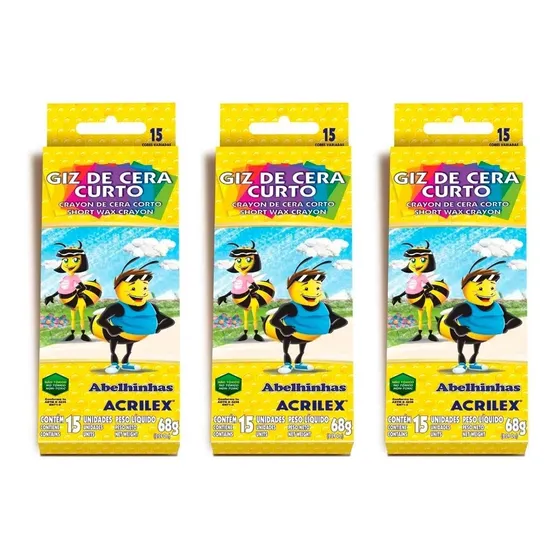 Giz De Cera Curto 15 Cores Kit C/ 3 Acrilex Grosso