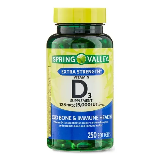 Vitamina D3 Cápsulas Blandas, Marca Spring Valley, 125 Mcg Por Cápsula Blanda, 5000 Ui, 250 Unidades