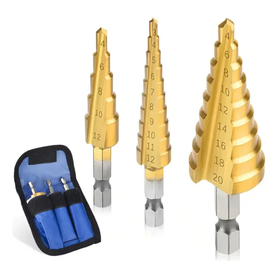 Conjunto 3 Brocas Escalonadas Titânio 3-12/4-12/20mm
