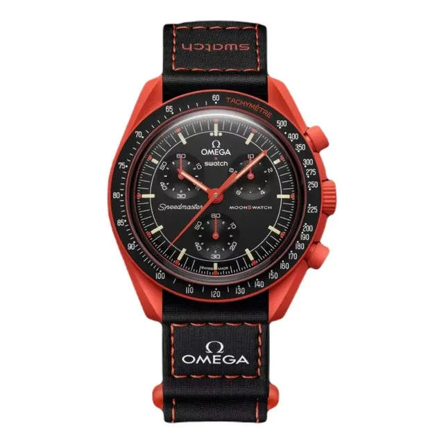 Reloj Omega X Swatch Mission On Earth, correa roja lava, bisel rojo, fondo negro