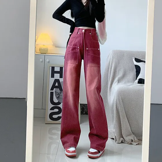 En Stock Jeans Rectos Americanos De Color Rojo Vino Con Cost