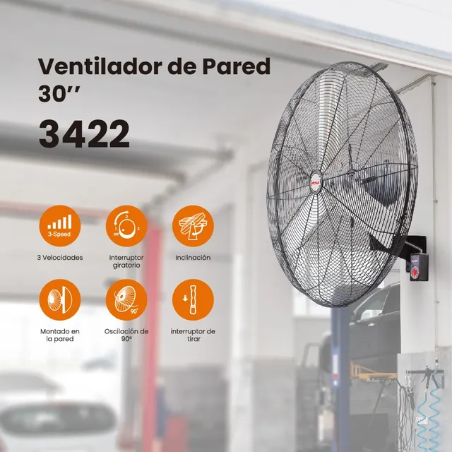 Ventilador Industrial De Pared Mytek 3422 30 Metálico Cantidad de aspas 12 Color de la estructura Negro Color de las aspas Aluminio Diámetro 76 cm Material de las aspas 3