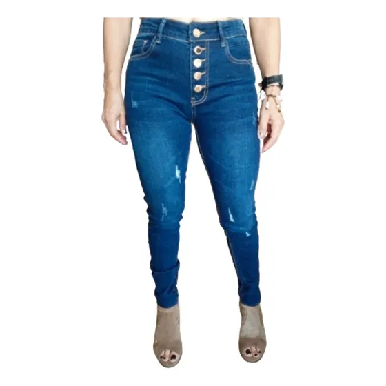 Pantalon Jeans  Mujer Stretch Botones Tiro Alto Elena Boteli