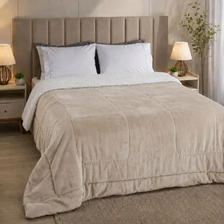 Coberdrom Casal Queen Size Sherpa Cobertor Edredom Inverno Bege Matelado