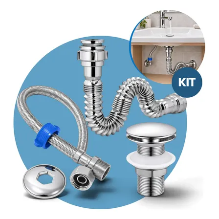 Kit Sifão Banheiro Válvula Click E Engate 60cm Cromado Lux Prateado