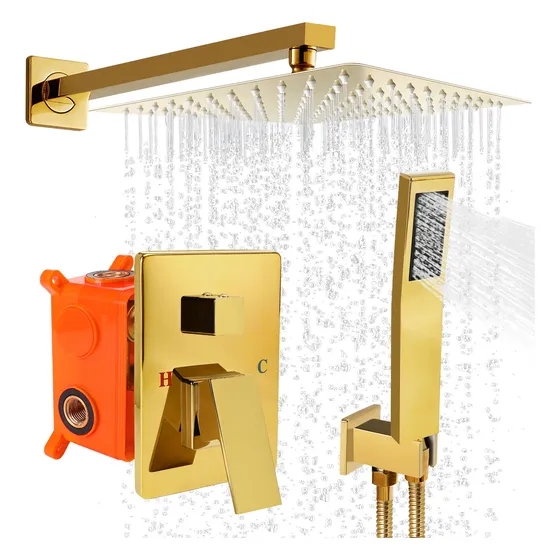 Regadera Dorada Cuadrada Lujo Lluvia Kit Monomando Y Telefon