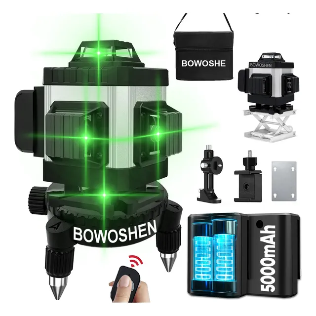 Nivel Láser 16 Líneas Con 2 Baterías Y Control Remoto 360° BOWOSHEN, 4D Nivelador Láser Autonivelante Con Líneas De Horizontales Verticales Verde Cruzada