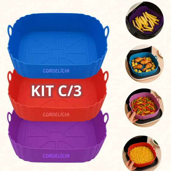 Kit 3 Formas De Silicone Reutilizável Lavável Antiaderente Para Air Fryer Cores Sortidas - Cordelíci