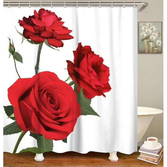 Livilan Cortina Ducha Rosa Juego Baño Tela Flor Roja Gancho