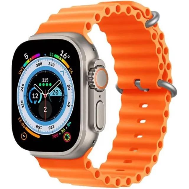 Smart Watch T800 con carcasa ultra blanca y correa naranja, bisel dorado, diseño de pulsera de malla