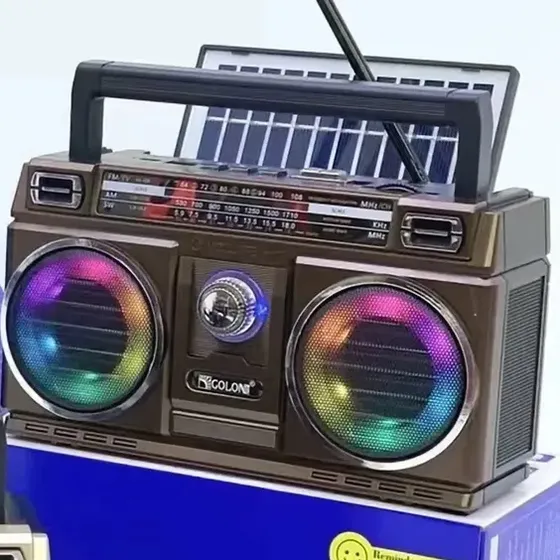 Radio Vintage Boombox Portátil Solar Con Luces Led Bluetooth Marron