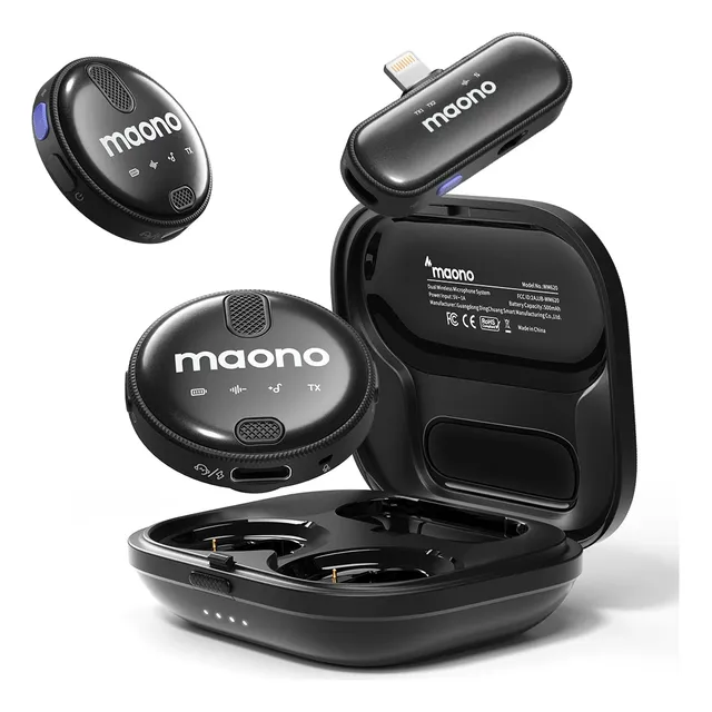 Maono Microfono Inalambrico de Solapa para iPhone, Microfono Lavalier para Celular con Cancelacion Ruido, Microfono Lightning con Batería 36H para Vlog, Streaming, Tiktok, WM620 PB2