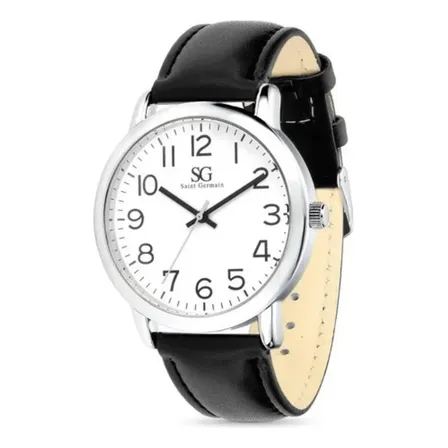 Relógio Masculino Prateado Saint Germain Correia De Couro Preto Caixa Prateada Fundo Branco 40mm Elegante Clássico