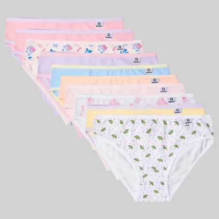 Kit 10 Calcinhas Biquini Infantil Menina Cotton Miss Delrio Branco Bailarina,chiclete,algodao Doce,lilas,branco Quarda Chuva,pessego,vanilha,anis,algodao Doce. G