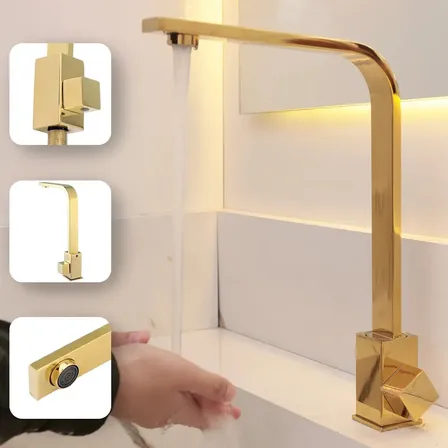 Torneira Banheiro Bancada Luxo Inox Dourada Quadrada Bica Alta 1/4 Volta para Lavatório Lavabo Gold