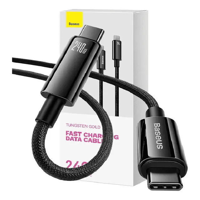 Cable cargador Turbo Pd de 240 W, 2 puntos, tipo C, Baseus, 2 m, color negro