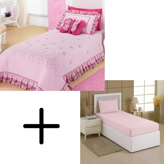 Kit Colcha Cobre Leito Solteiro 3 Peças+jogo De Cama 2 Peças