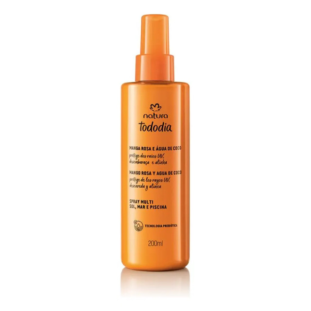 Frasco alaranjado do Spray Multi Sol Natura Tododia Manga Rosa e Água de Coco de 200ml com válvula spray