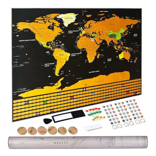 Mapamundi Pequeño Mapa Raspar Del Mundo + Accesorios