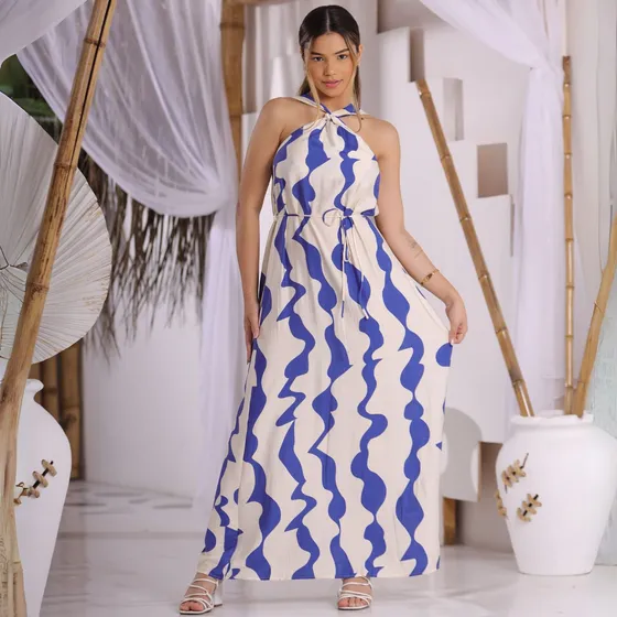 Vestido Feminino Longo Estampa Copacabana Com Cordão E Alças
