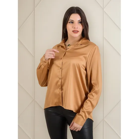 Camisa De Satén Amplia Clásica Mujer Mangas Largas 