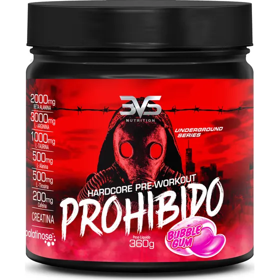 PRÉ TREINO PROHIBIDO 360g - Sabor: Bubble Gum - Fórmula Exclusiva com 8 ingredientes contendo Creatina, Beta Alanina, Taurina, Cafeína, Arginina, L-Tirosina, Palatinose e L-Alanina