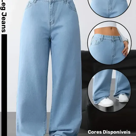 Calça Wide Leg Jeans Feminina Reta Perna Larga Empina Bumbum