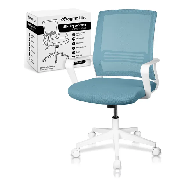 Magma Life Silla Ergonómica de Escritorio con Respaldo de Malla Transpirable, Moderna y Elegante, Silla Giratoria con Soporte Lumbar y Cómodos Descansabrazos (Azul Cerúleo)