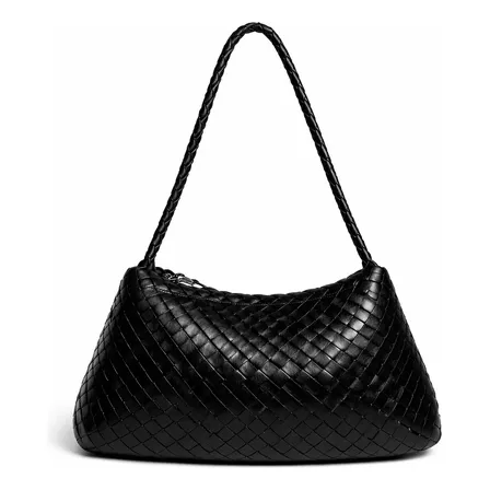Bolsa Feminina De Ombro Tressê Couro Legitimo Caramelo Preta Couro Legítimo Entrelaçado Manualmente Níquel Preto