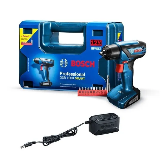 Taladro atornillador inalámbrico de 6mm Bosch GSR 1000 SMART 12V + 1 batería de 1.5Ah + accesorio con maletín de transporte 220V