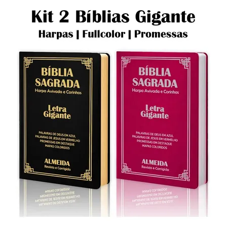 Kit 2 Biblias Letra Gigante Luxo Popular De João Ferreira De Almeida Preta E Pink Em Português - Sem Indice