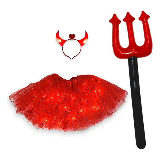 Disfraz Diablito Diablita Luminoso Pollera Tridente Vincha Rojo Cosplay Led Angel