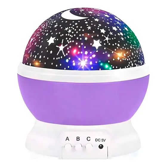 Lampara Veladora Giratoria Proyector Led Estrellas Usb Rosa Estructura Violeta Pantalla Negro