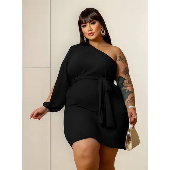 Vestido Curto Plus Size Um Ombro Só Mula Manca Elegante Luxo