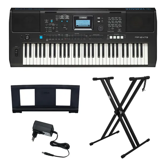 Kit Teclado 61 Teclas Psr E473 Yamaha Com Suporte Em X Cor Preto 127/220v