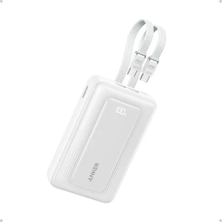 Carregador Portátil Power Bank Anker 20000mah 45w Carga Turbo Rápida Display Digital Cor Branco Com 2 Cabos Usb-c Integrados, 1 Usb-c E 1 Usb-a Porta Para iPhone,samsung,motorola, AirPods, E Mais