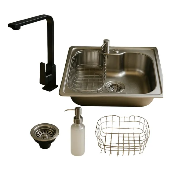Cuba De Cozinha Gourmet Aço Inox 304 Escovado 50x40 Com Acessórios Completa E Torneira Para Agua Quente E Fria Monocomando Giratória Inox Preto Fosco Melhor Qualidade