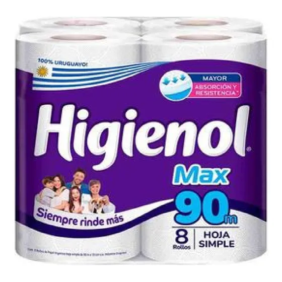 Papel Higiénico Max Hoja Simple Higienol 90 Mts Pack X8.