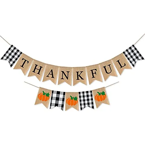 Pancarta De Arpillera  Thankful  Estampado De Cuadros D...