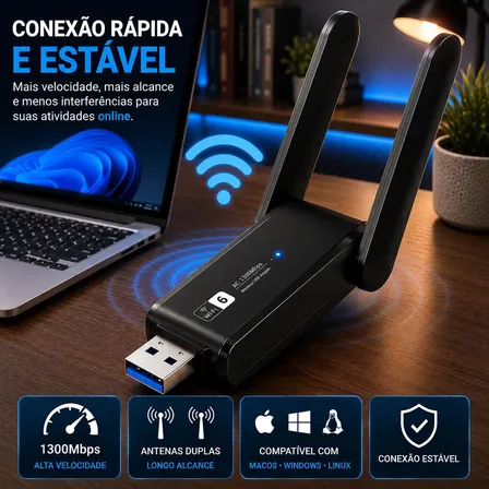 Adaptador Wifi Receptor Usb 3.0 13000 Mbps Para Computador Notebook MacOs Windows Linux Rapida Conexao 5G Longo Alcance Sinal Wifi 6 Landara