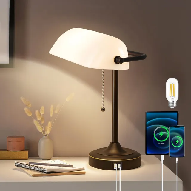 Lámpara De Escritorio Retro Negra Con Puertos De Carga Usb