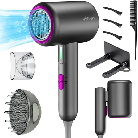 All-in Secador de Pelo Profesional con Difusar Frio Y Caliente 3 Temperaturas Plegable y Portátil Cuidado Iónico Con Soporte B-779gy Gris