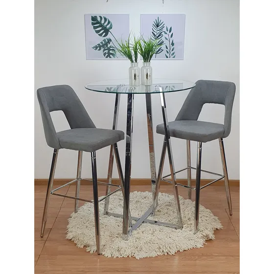 Juego Mesa Alta Bar Vidrio + 2 Banquetas Tela Cromada 6 Cuo