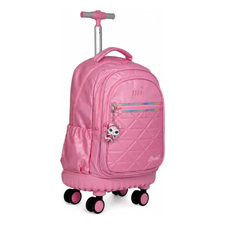 Mochila Infantil De Rodinhas Escolar Alça Retrátil Carrinho Cor Liso com matelassê frontal Desenho do tecido Rosa