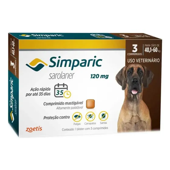 Zoetis Simparic 120mg 3 Comp Cães 40.1 A 60 Kg Peso Mínimo Do Animal 40.1 kg