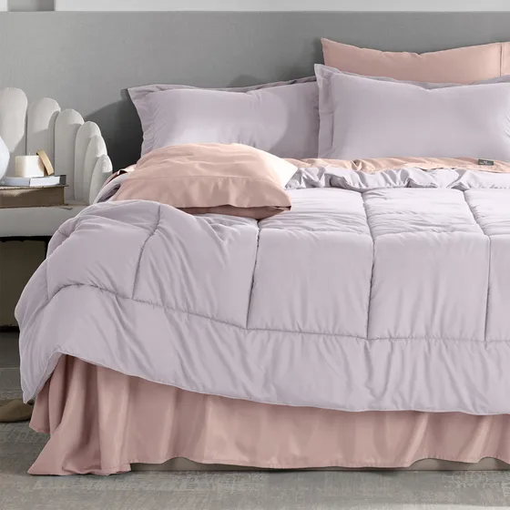 Set 7 Pzas. Edredón Matrimonial +fundas De Almohada + Juego De Sabanas Real Textil Lavanda/palo De Rosa